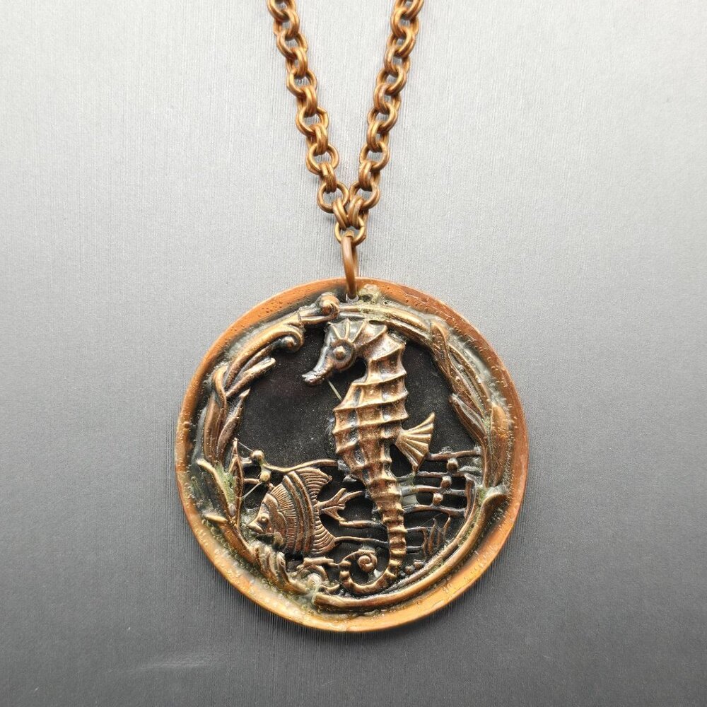VTG Solid Copper Seahorse & Fish Pendant Necklace 20" Double Round Link Chain - Picture 1 of 10